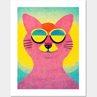 Hippie Cat Retro Poster Vintage Art Cat Wall Blue Pink Illustration Posters and Art